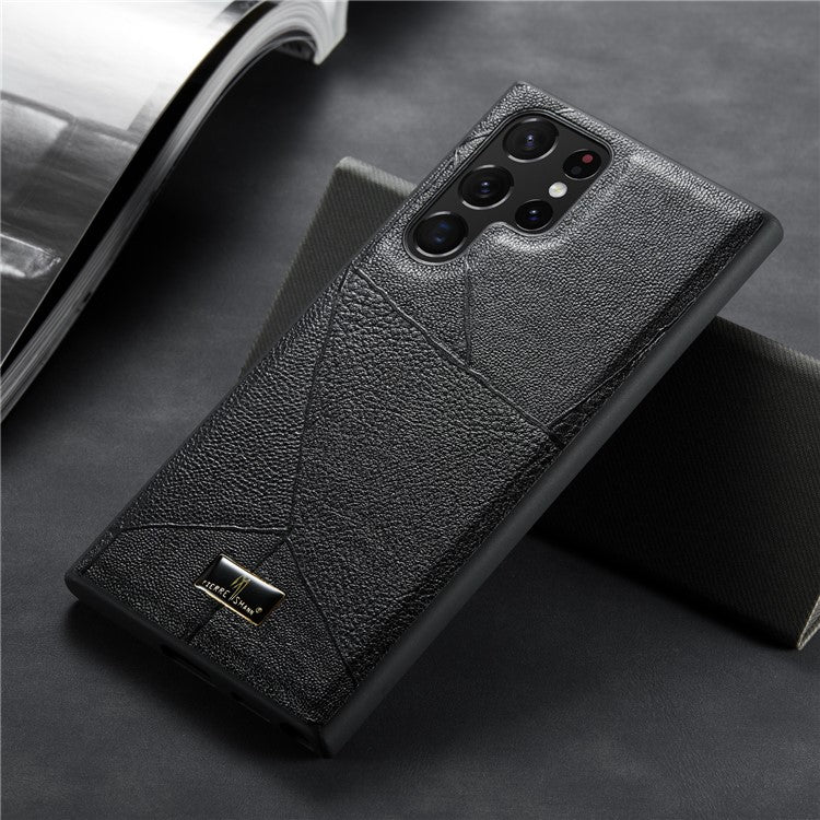 FIERRE SHANN For Samsung Galaxy S22 Ultra 5G Textured PU Leather Coating Phone Case Anti-scratch TPU + PC Hybrid Cover - Striped Litchi Texture