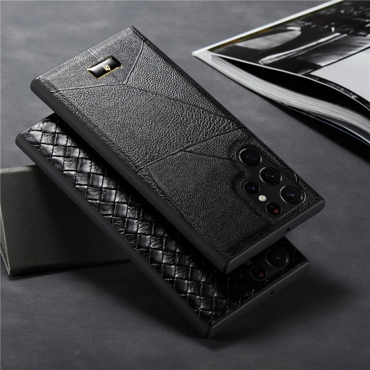 FIERRE SHANN For Samsung Galaxy S22 Ultra 5G Textured PU Leather Coating Phone Case Anti-scratch TPU + PC Hybrid Cover - Striped Litchi Texture