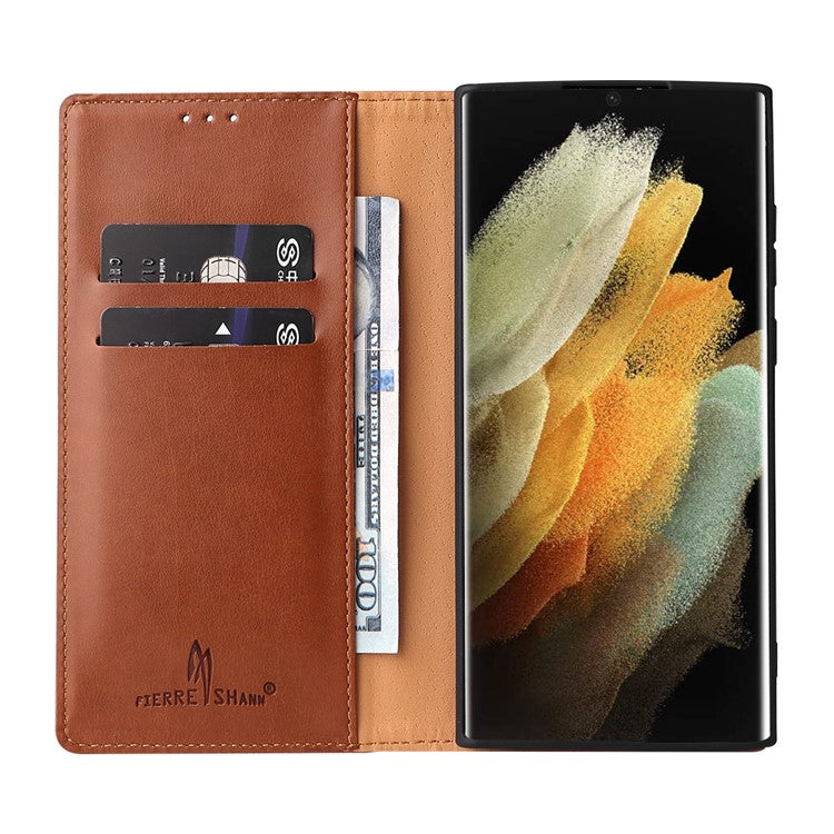 FIERRE SHANN For Samsung Galaxy S22 Ultra 5G PU Leather Wallet Stand Folio Flip Phone Case Magnetic Auto Closing Cover - Brown