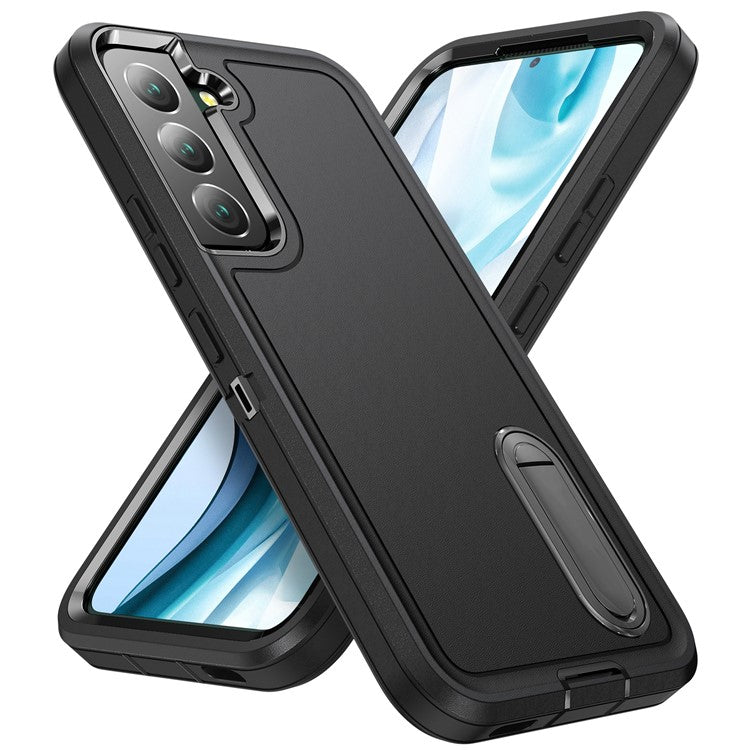 Defender Series Metal Kickstand Phone Case for Samsung Galaxy S22 5G, Drop-resistant PC + TPU Hybrid Cover - Black/Black