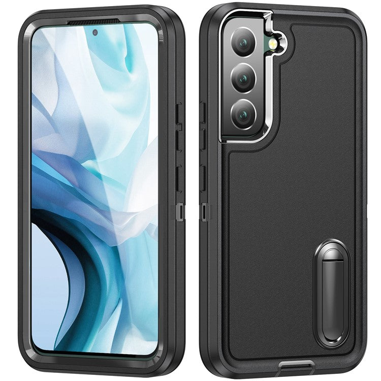 Defender Series Metal Kickstand Phone Case for Samsung Galaxy S22 5G, Drop-resistant PC + TPU Hybrid Cover - Black/Black