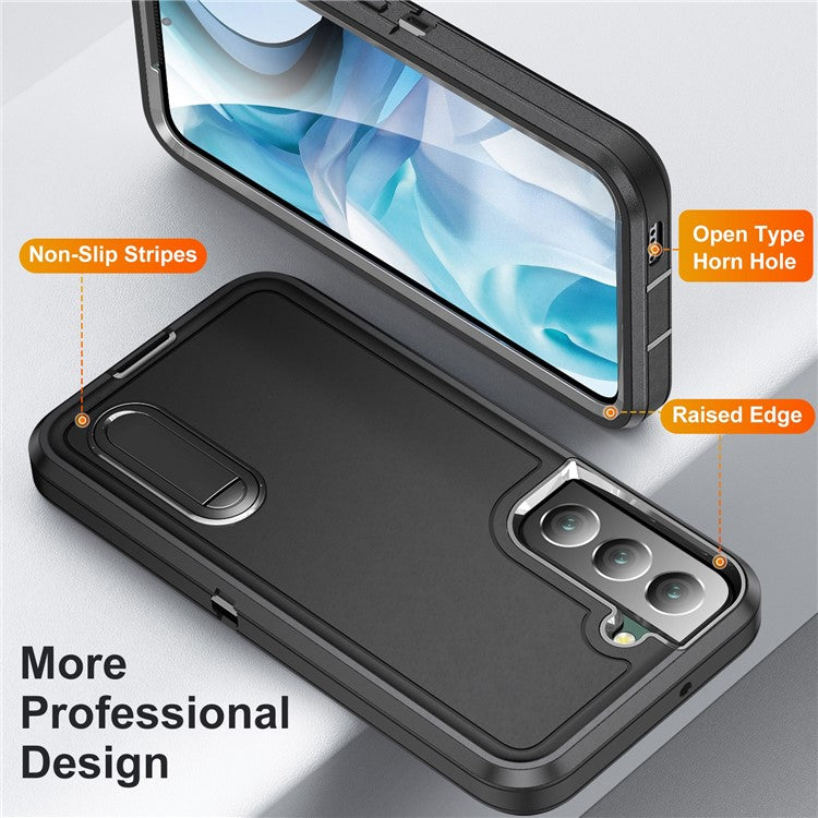 Defender Series Metal Kickstand Phone Case for Samsung Galaxy S22 5G, Drop-resistant PC + TPU Hybrid Cover - Black/Black