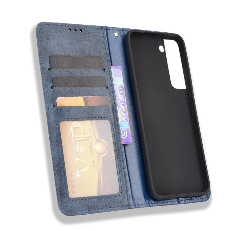Vintage PU Leather Imprinting Mosaic Wallet Phone Case for Samsung Galaxy S22+ 5G, Stand Auto Closing Magnetic Cover - Blue