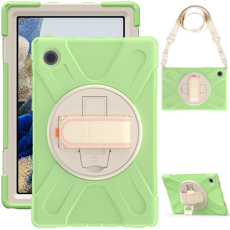 For Samsung Galaxy Tab A8 10.5 (2021) / A8 10.5 (2022) Rotary Kickstand PC + Silicone Tablet Case Hand Strap Protective Cover with Shoulder Strap - Matcha Green