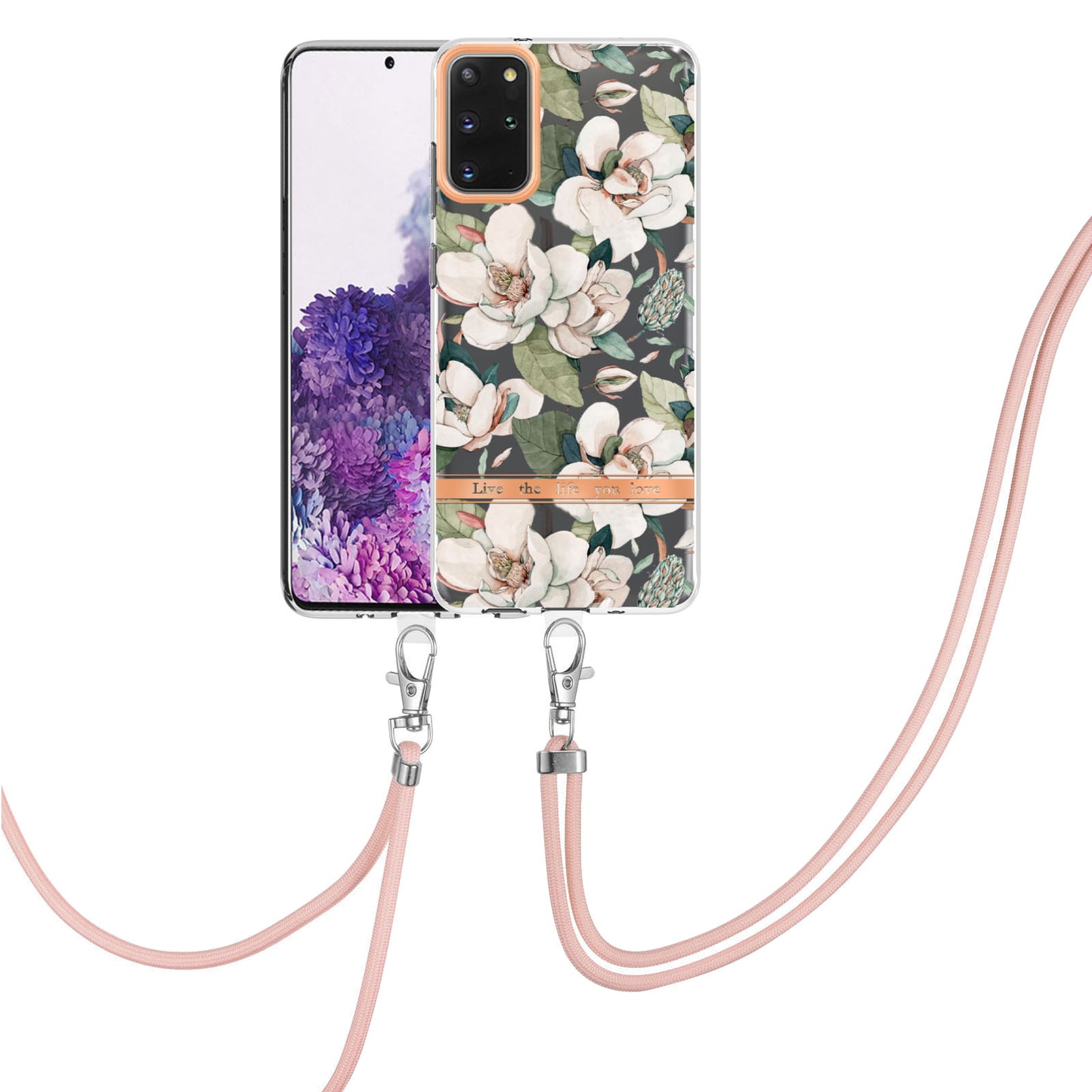 For Samsung Galaxy S20 Plus 4G/5G YB IMD-9 Series IMD IML Electroplating TPU Phone Case Flower Pattern Cover with Lanyard - HC001 Green Gardenia