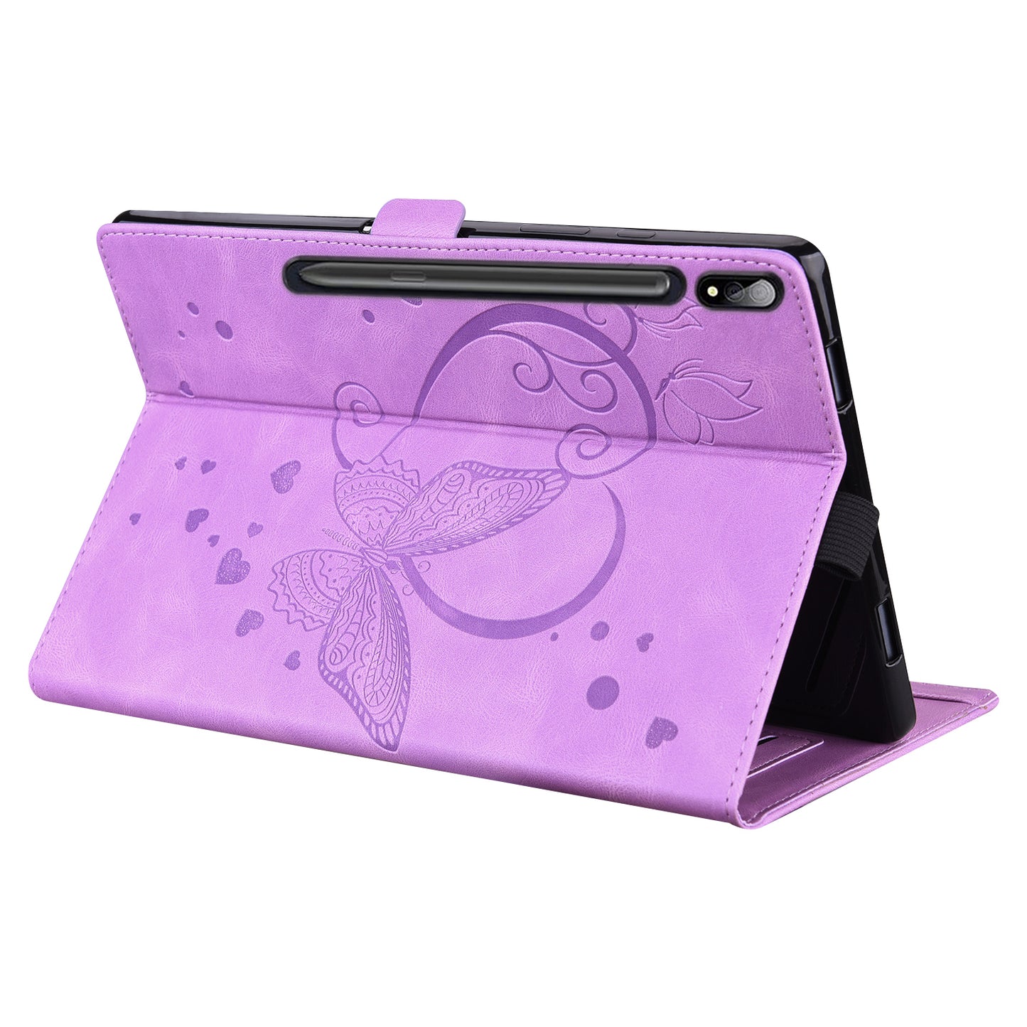 For Samsung Galaxy Tab S9 FE / S9 / S8 / S7 PU Leather Imprinted Butterfly Flip Tablet Case Card Slots Stand with Pen Holder - Purple
