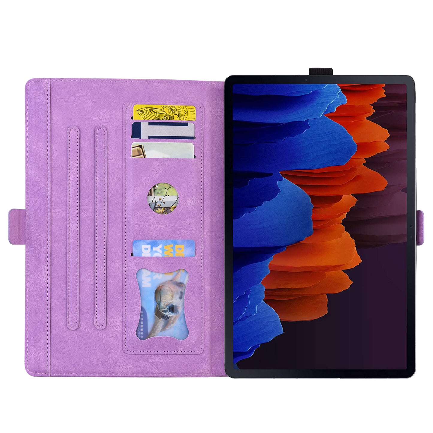For Samsung Galaxy Tab S9 FE / S9 / S8 / S7 PU Leather Imprinted Butterfly Flip Tablet Case Card Slots Stand with Pen Holder - Purple