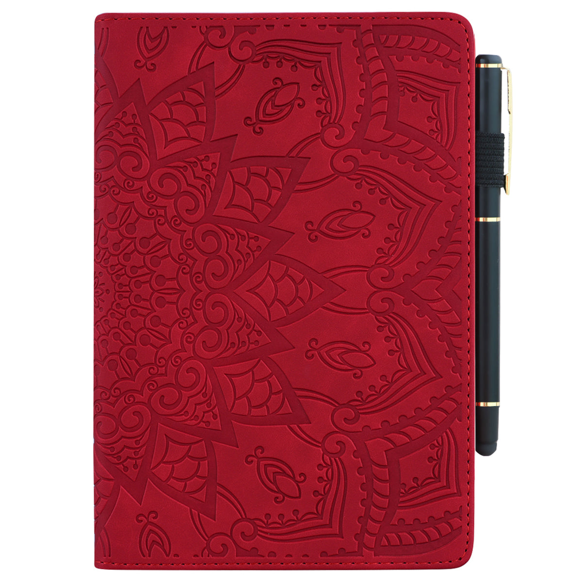 For Samsung Galaxy Tab S9 FE / S9 / S8 / S7 Flower Pattern Imprinting Leather Tablet Stand Cover Shell with Pen Holder Strap - Red