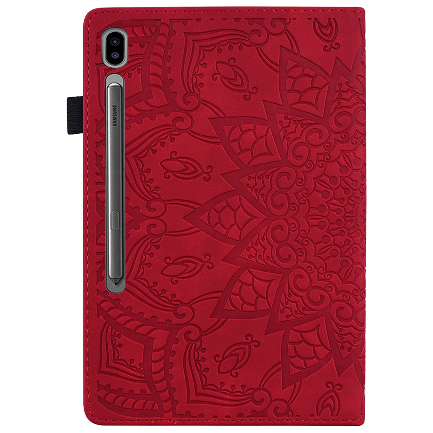 For Samsung Galaxy Tab S9 FE / S9 / S8 / S7 Flower Pattern Imprinting Leather Tablet Stand Cover Shell with Pen Holder Strap - Red