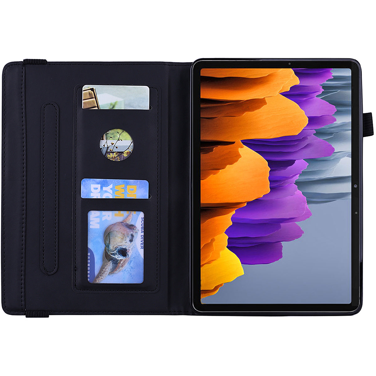 For Samsung Galaxy Tab S9 FE / S9 / S8 / S7 Flower Pattern Imprinting Leather Tablet Stand Cover Shell with Pen Holder Strap - Black
