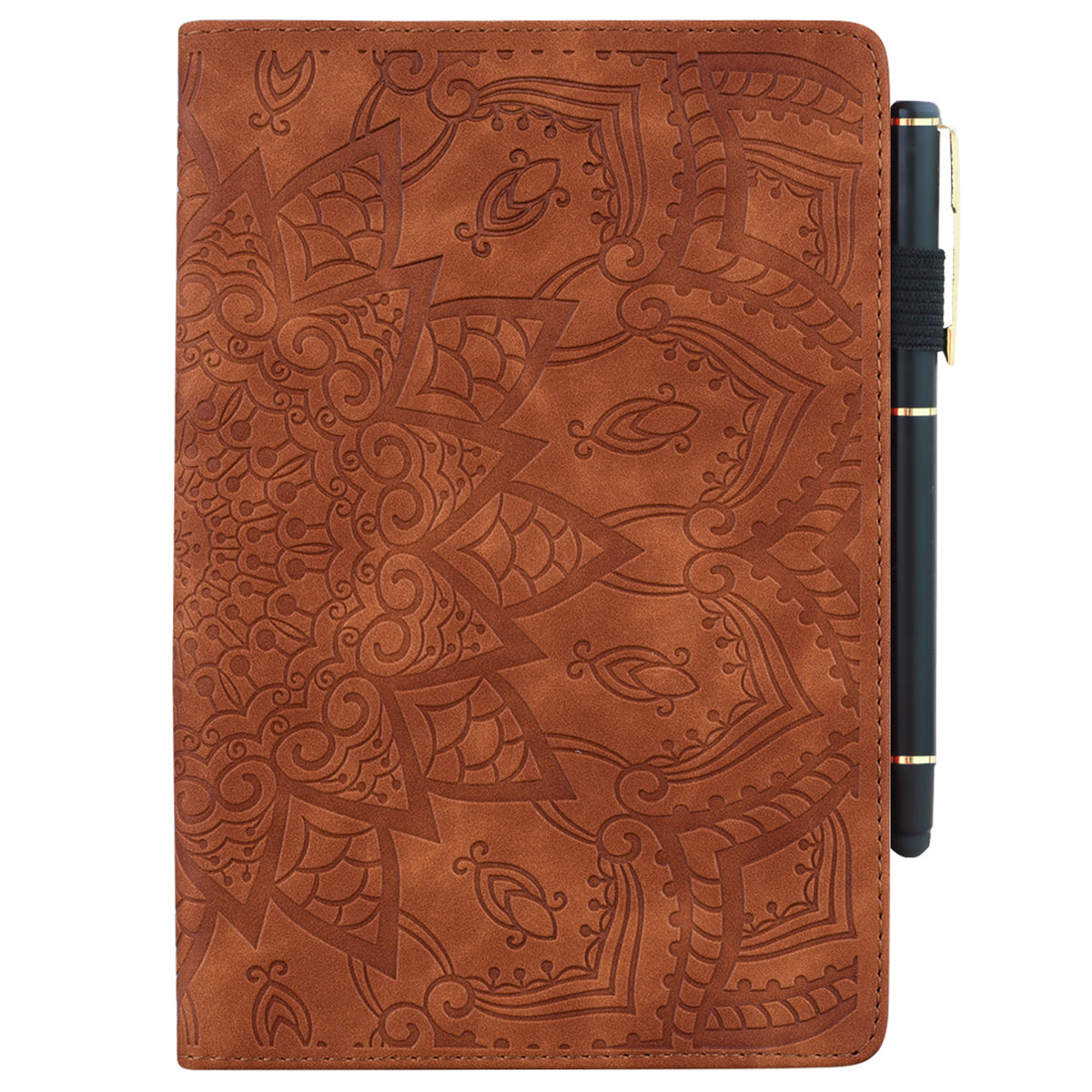 For Samsung Galaxy Tab S9 FE / S9 / S8 / S7 Flower Pattern Imprinting Leather Tablet Stand Cover Shell with Pen Holder Strap - Brown