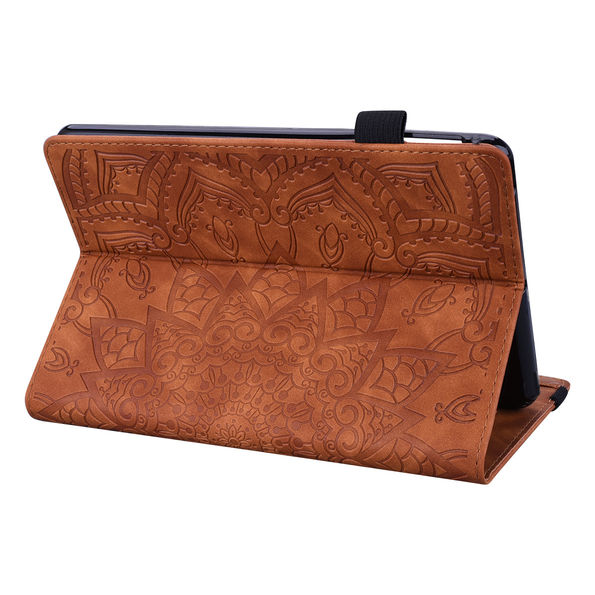 For Samsung Galaxy Tab S9 FE / S9 / S8 / S7 Flower Pattern Imprinting Leather Tablet Stand Cover Shell with Pen Holder Strap - Brown