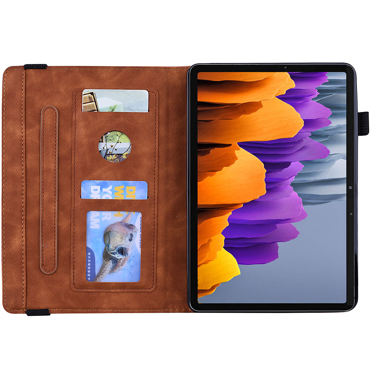 For Samsung Galaxy Tab S9 FE / S9 / S8 / S7 Flower Pattern Imprinting Leather Tablet Stand Cover Shell with Pen Holder Strap - Brown