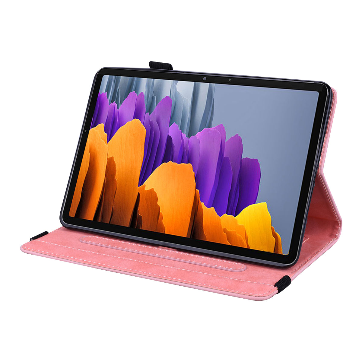 For Samsung Galaxy Tab S9 FE / S9 / S8 / S7 Flower Pattern Imprinting Leather Tablet Stand Cover Shell with Pen Holder Strap - Pink