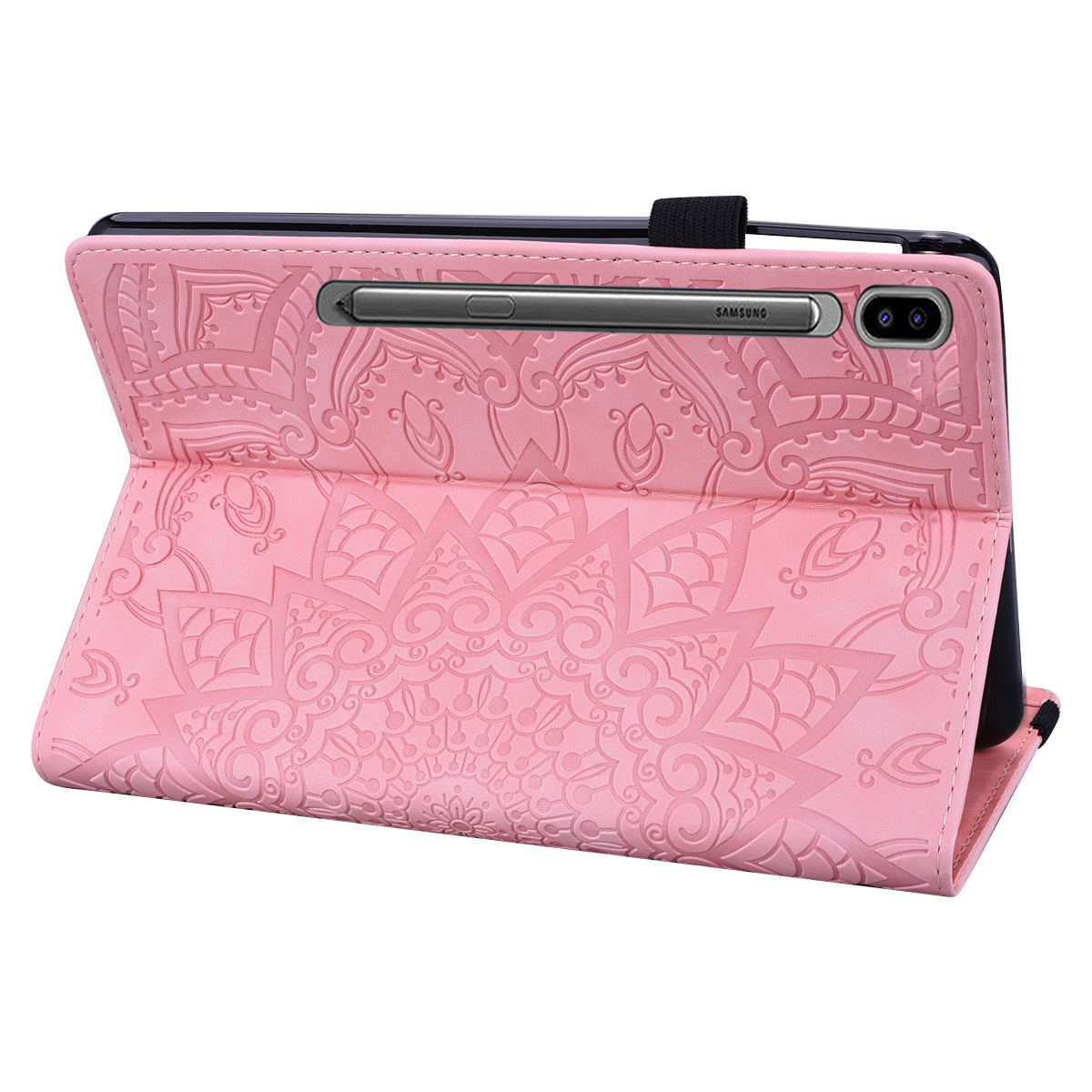 For Samsung Galaxy Tab S9 FE / S9 / S8 / S7 Flower Pattern Imprinting Leather Tablet Stand Cover Shell with Pen Holder Strap - Pink