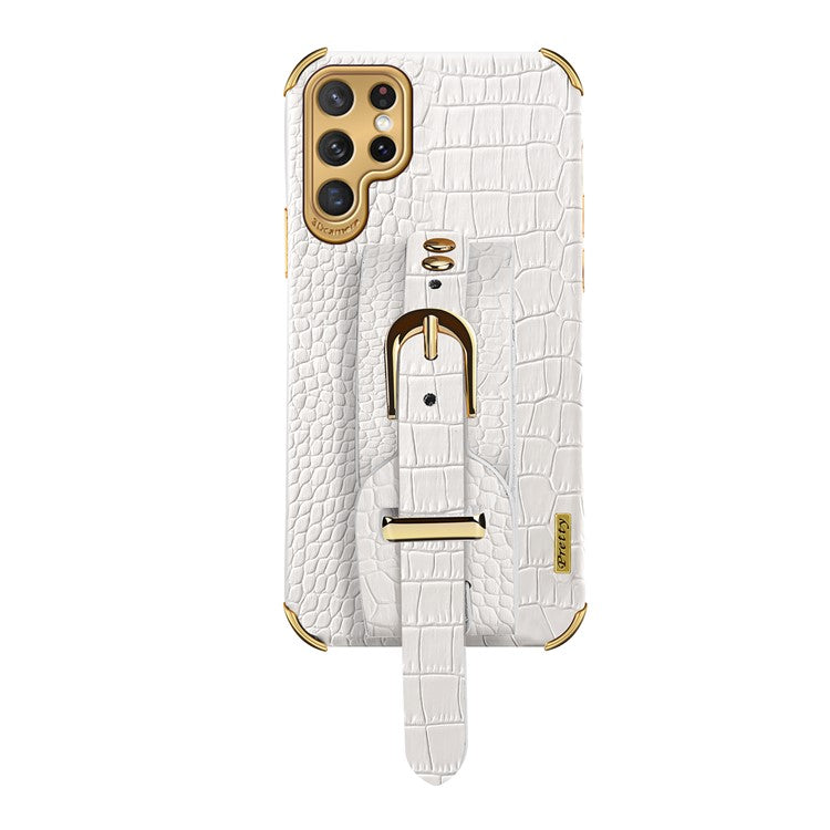 For Samsung Galaxy S22 Ultra 5G Crocodile Texture 6D Electroplating Precise Cutout PU Leather Coated TPU Flexible Phone Case - White