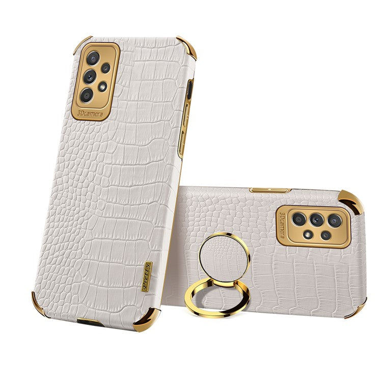 For Samsung Galaxy A73 5G 6D Electroplated Crocodile Texture Case Rotating Finger Ring Kickstand Leather Coated TPU Phone Shell Case - White