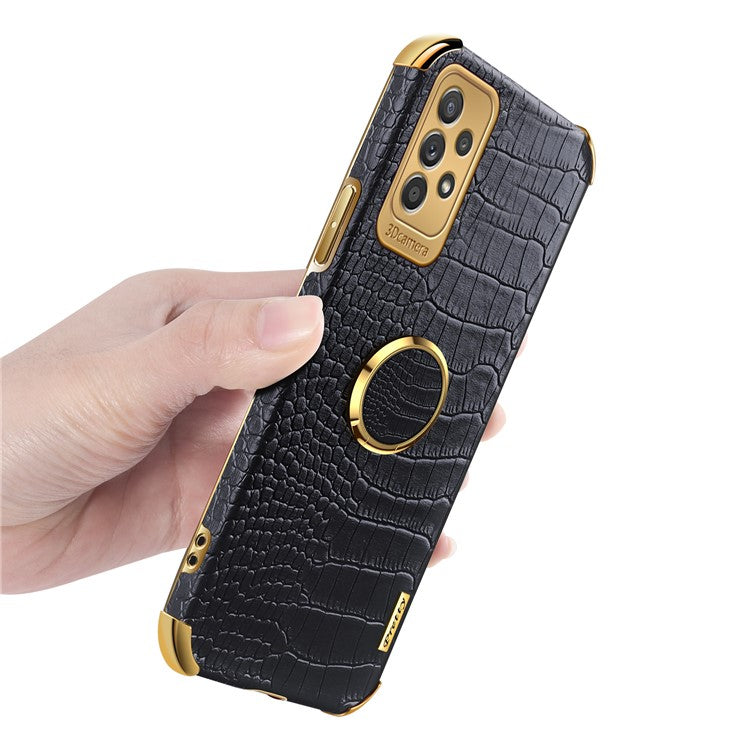 For Samsung Galaxy A73 5G 6D Electroplated Crocodile Texture Case Rotating Finger Ring Kickstand Leather Coated TPU Phone Shell Case - White
