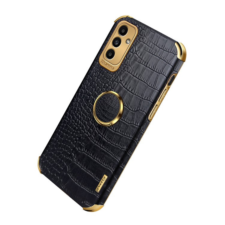 For Samsung Galaxy M52 5G 6D Electroplated Finger Ring Kickstand Design Precise Cutout Crocodile Texture Leather Coated TPU Phone Case - Black