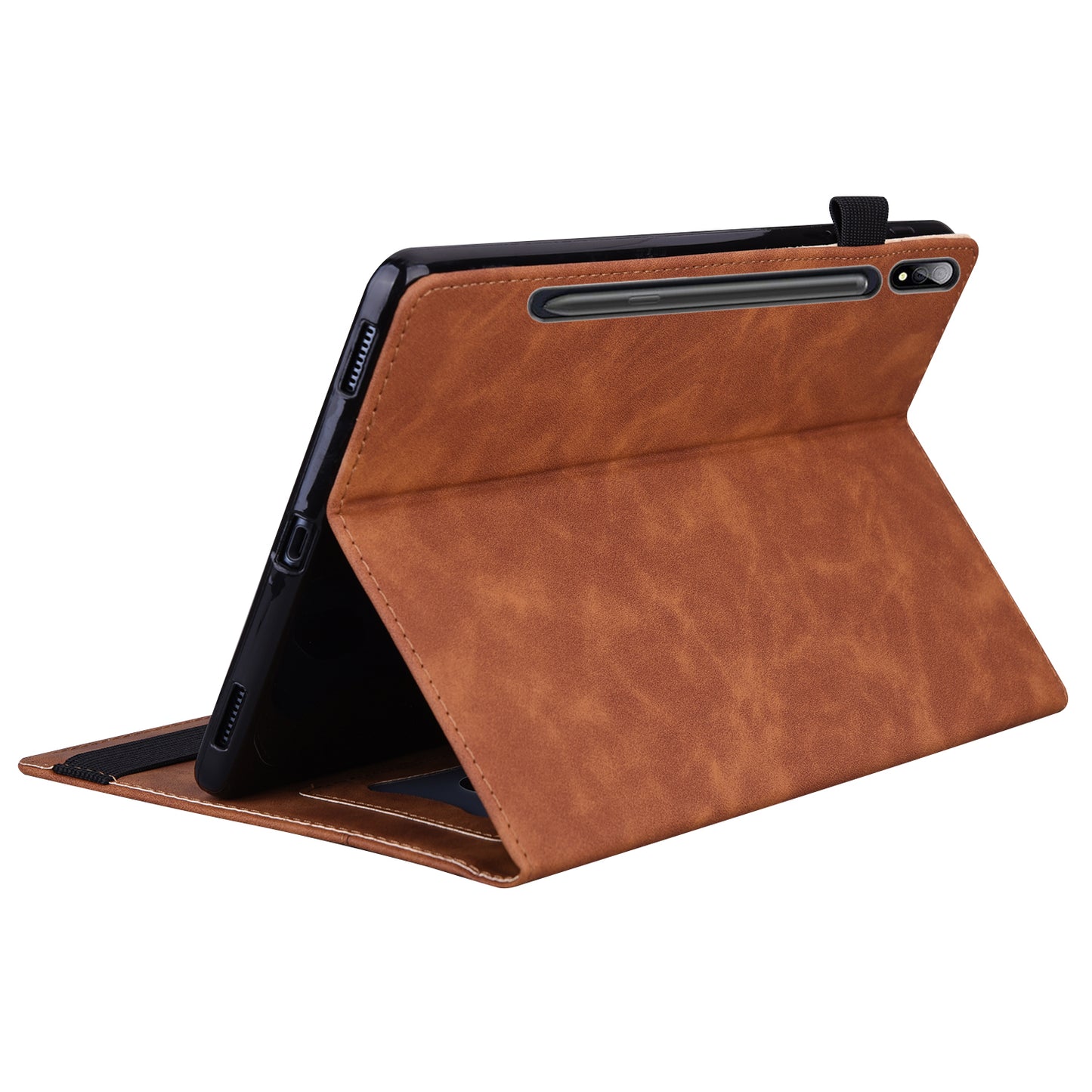 For Samsung Galaxy Tab S9 FE / S9 / S8 / S7 PU Leather Business Wallet Protective Case Stand Shockproof Cover with Pencil Holder - Brown