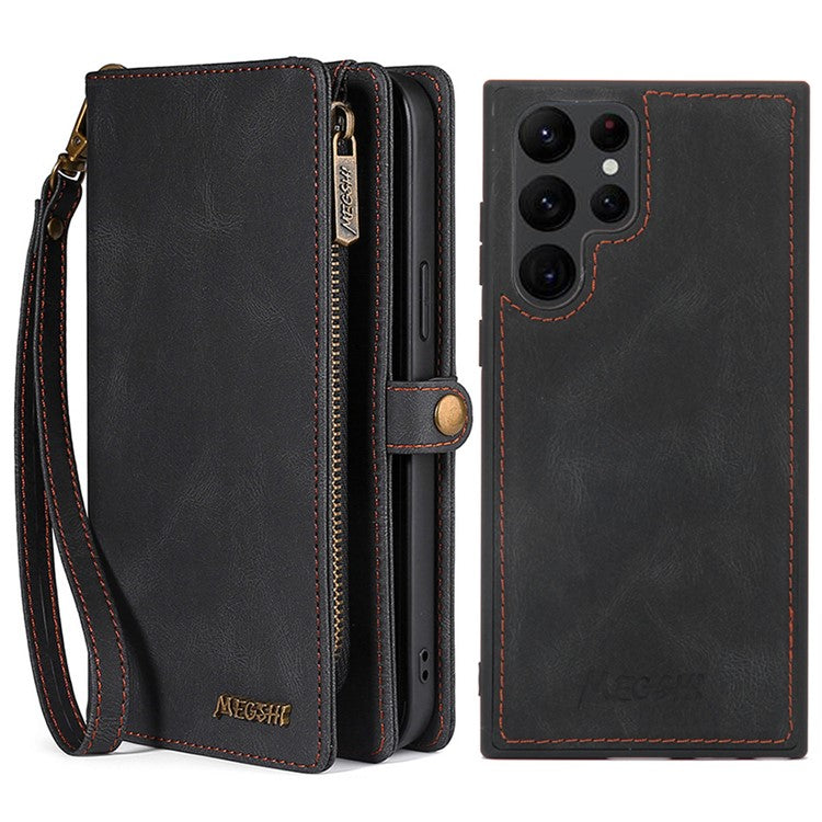 MEGSHI 017 Series Detachable Magnet Cover for Samsung Galaxy S22 Ultra 5G, Zipper Purse PU Leather Shockproof Flip Case with Wrist Strap - Black