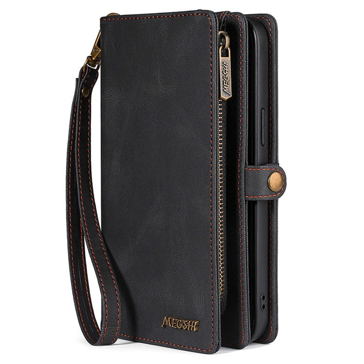 MEGSHI 017 Series Detachable Magnet Cover for Samsung Galaxy S22 Ultra 5G, Zipper Purse PU Leather Shockproof Flip Case with Wrist Strap - Black