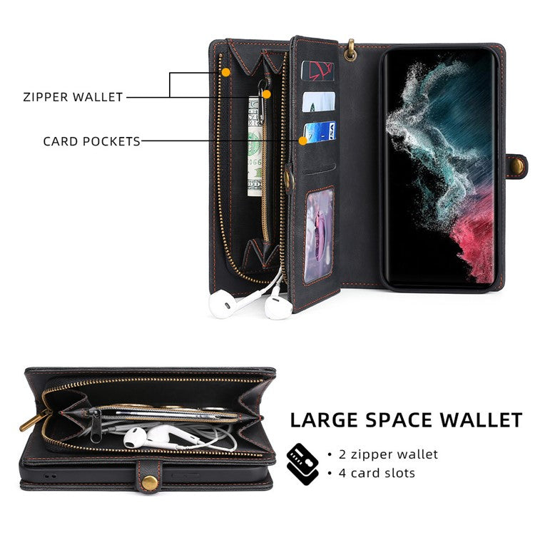 MEGSHI 017 Series Detachable Magnet Cover for Samsung Galaxy S22 Ultra 5G, Zipper Purse PU Leather Shockproof Flip Case with Wrist Strap - Black