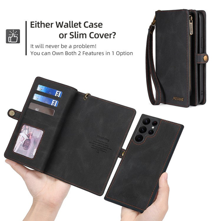 MEGSHI 017 Series Detachable Magnet Cover for Samsung Galaxy S22 Ultra 5G, Zipper Purse PU Leather Shockproof Flip Case with Wrist Strap - Black