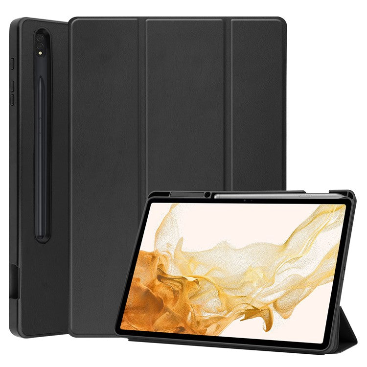 For Samsung Galaxy Tab S8+ Anti-scratch Shockproof TPU+PU Leather Trifold Stand Auto Sleep/Wake Design Tablet Cover with Pencil Holder - Black
