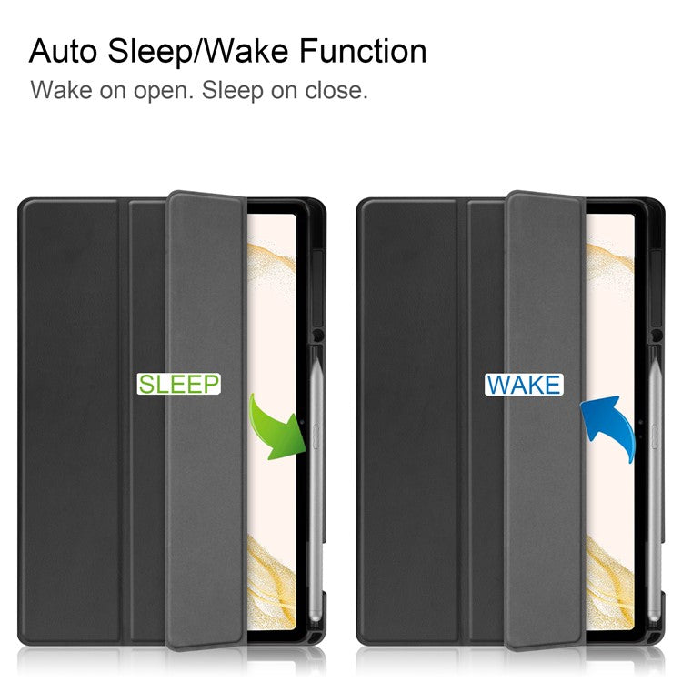For Samsung Galaxy Tab S8+ Anti-scratch Shockproof TPU+PU Leather Trifold Stand Auto Sleep/Wake Design Tablet Cover with Pencil Holder - Black