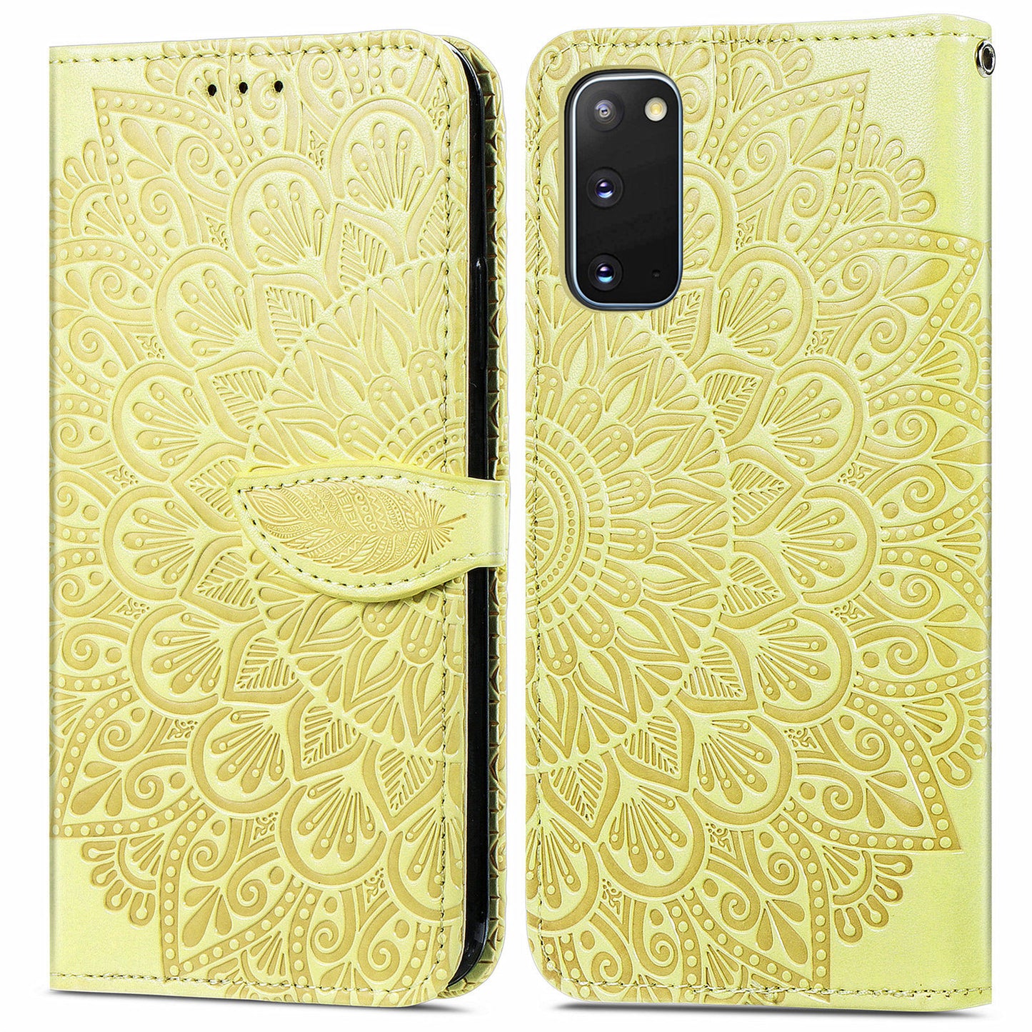 For Samsung Galaxy S20 4G/5G Smartphone Case Bag Stand Design Imprinted Dream Wings Pattern TPU+PU Leather Wallet Flip Cover with Strap - Yellow
