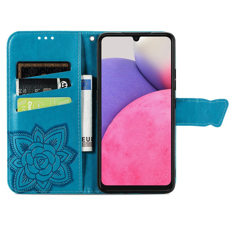 Imprinting Butterfly Flower Leather Case for Samsung Galaxy A33 5G, Wallet Viewing Stand Phone Cover - Blue
