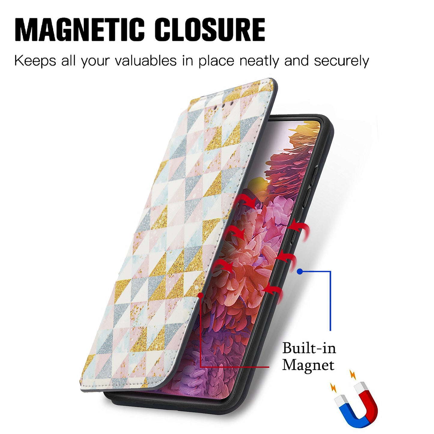 CASENEO 001 Series for Samsung Galaxy S20 5G/4G Pattern Printing Leather Wallet Folio Case, RFID Blocking Magnetic Auto-absorbed Viewing Stand Flip Cover - Nordic Style Rhombus