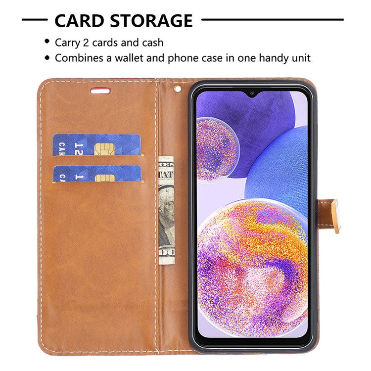 For Samsung Galaxy A23 4G / 5G (Global Version) Jeans Cloth Texture Color Splicing Magnetic Clasp Leather Cover Wallet Stand Flip Phone Case - Red