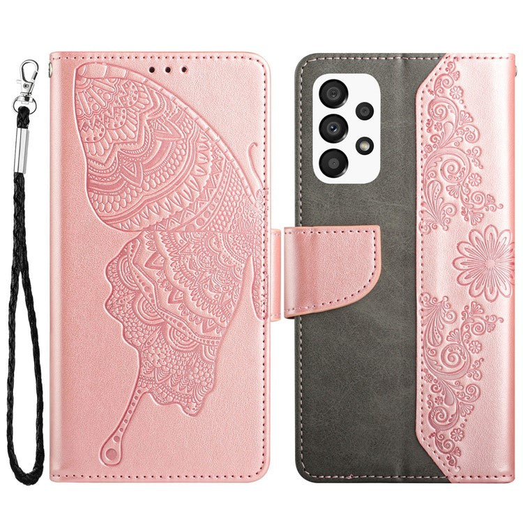 Wallet Phone Case for Samsung Galaxy A33 5G Butterfly Flower Imprinted PU Leather Cover Scratch Resistant Phone Protector with Stand - Rose Gold