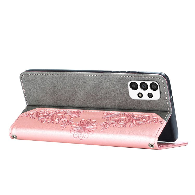 Wallet Phone Case for Samsung Galaxy A33 5G Butterfly Flower Imprinted PU Leather Cover Scratch Resistant Phone Protector with Stand - Rose Gold