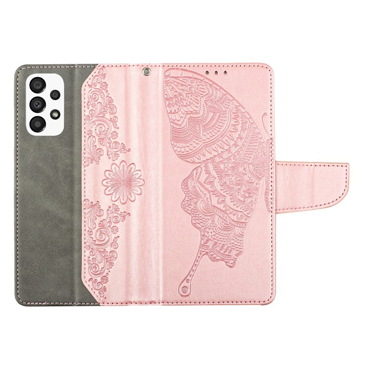 Wallet Phone Case for Samsung Galaxy A33 5G Butterfly Flower Imprinted PU Leather Cover Scratch Resistant Phone Protector with Stand - Rose Gold