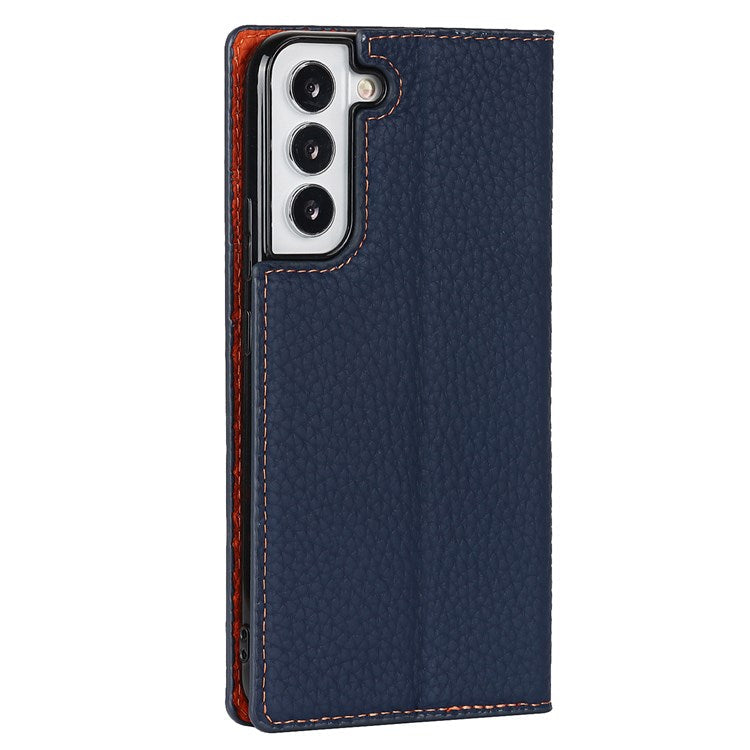 For Samsung Galaxy S22+ 5G Shockproof Genuine Leather Case Litchi Texture Wallet Stand Phone Shell with Hand Strap - Dark Blue