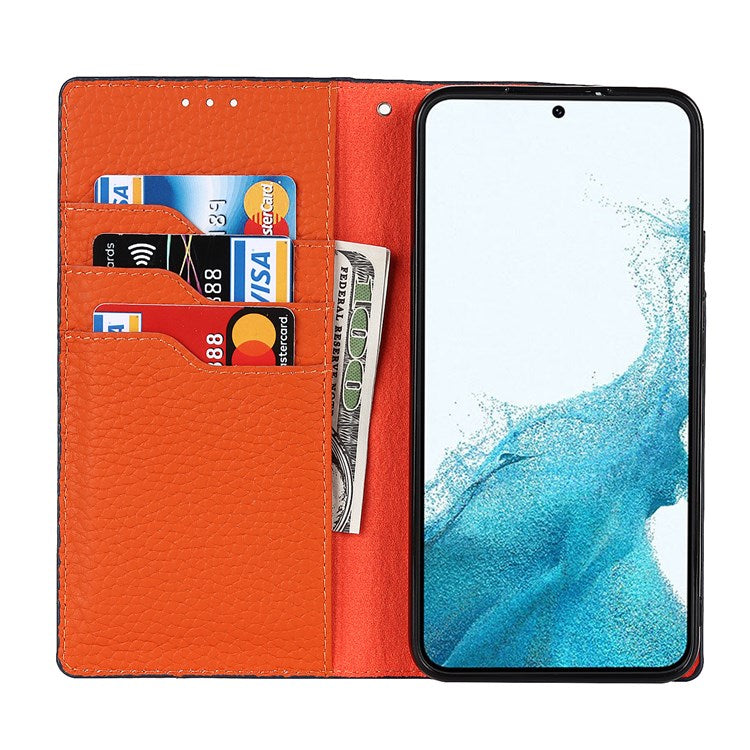 For Samsung Galaxy S22+ 5G Shockproof Genuine Leather Case Litchi Texture Wallet Stand Phone Shell with Hand Strap - Dark Blue
