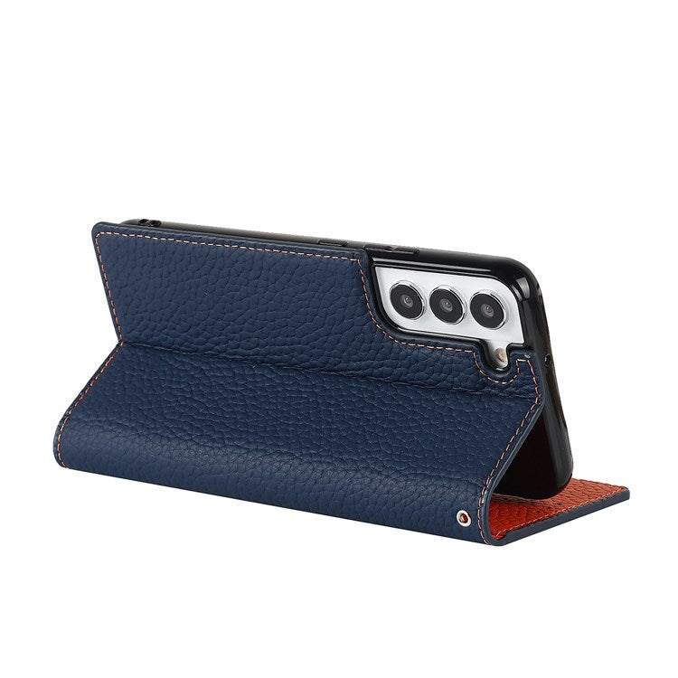 For Samsung Galaxy S22+ 5G Shockproof Genuine Leather Case Litchi Texture Wallet Stand Phone Shell with Hand Strap - Dark Blue