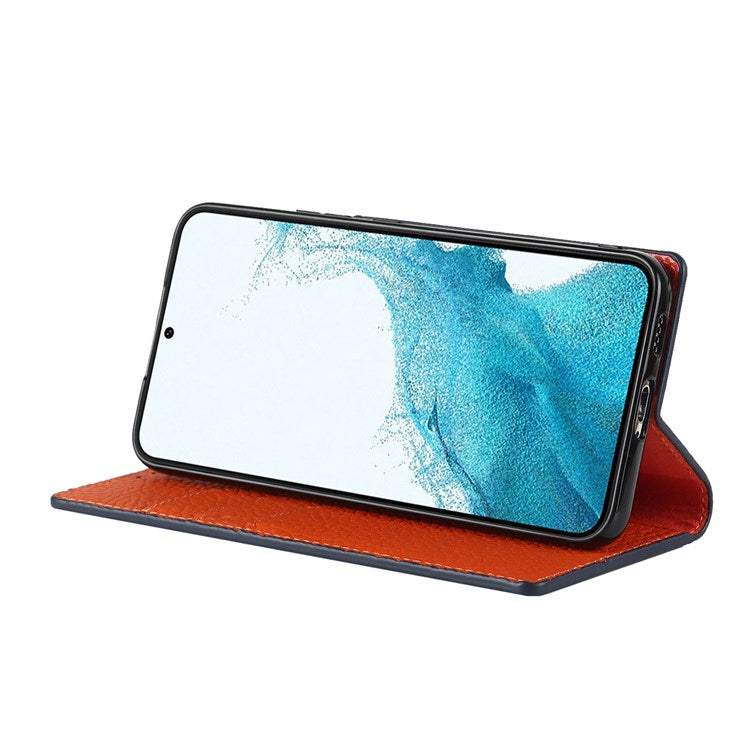 For Samsung Galaxy S22+ 5G Shockproof Genuine Leather Case Litchi Texture Wallet Stand Phone Shell with Hand Strap - Dark Blue