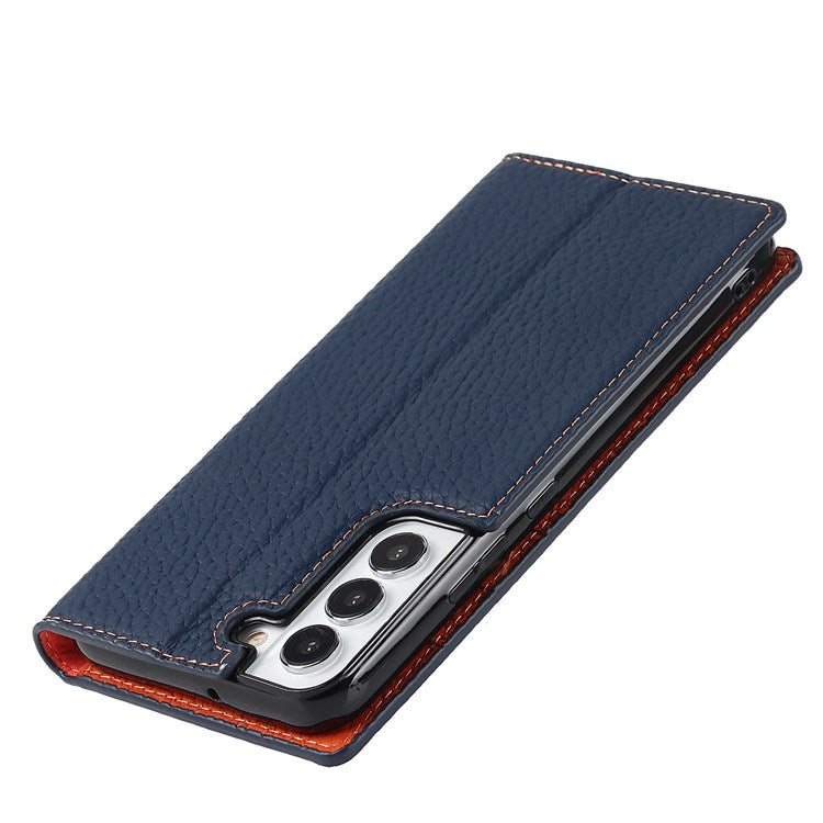 For Samsung Galaxy S22+ 5G Shockproof Genuine Leather Case Litchi Texture Wallet Stand Phone Shell with Hand Strap - Dark Blue