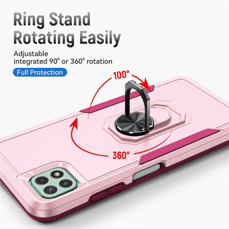 For Samsung Galaxy A22 5G (EU Version) Defender Series PC + TPU Fall Protection Phone Cover Rotary Ring Kickstand Cellphone Case - Pink/Rose