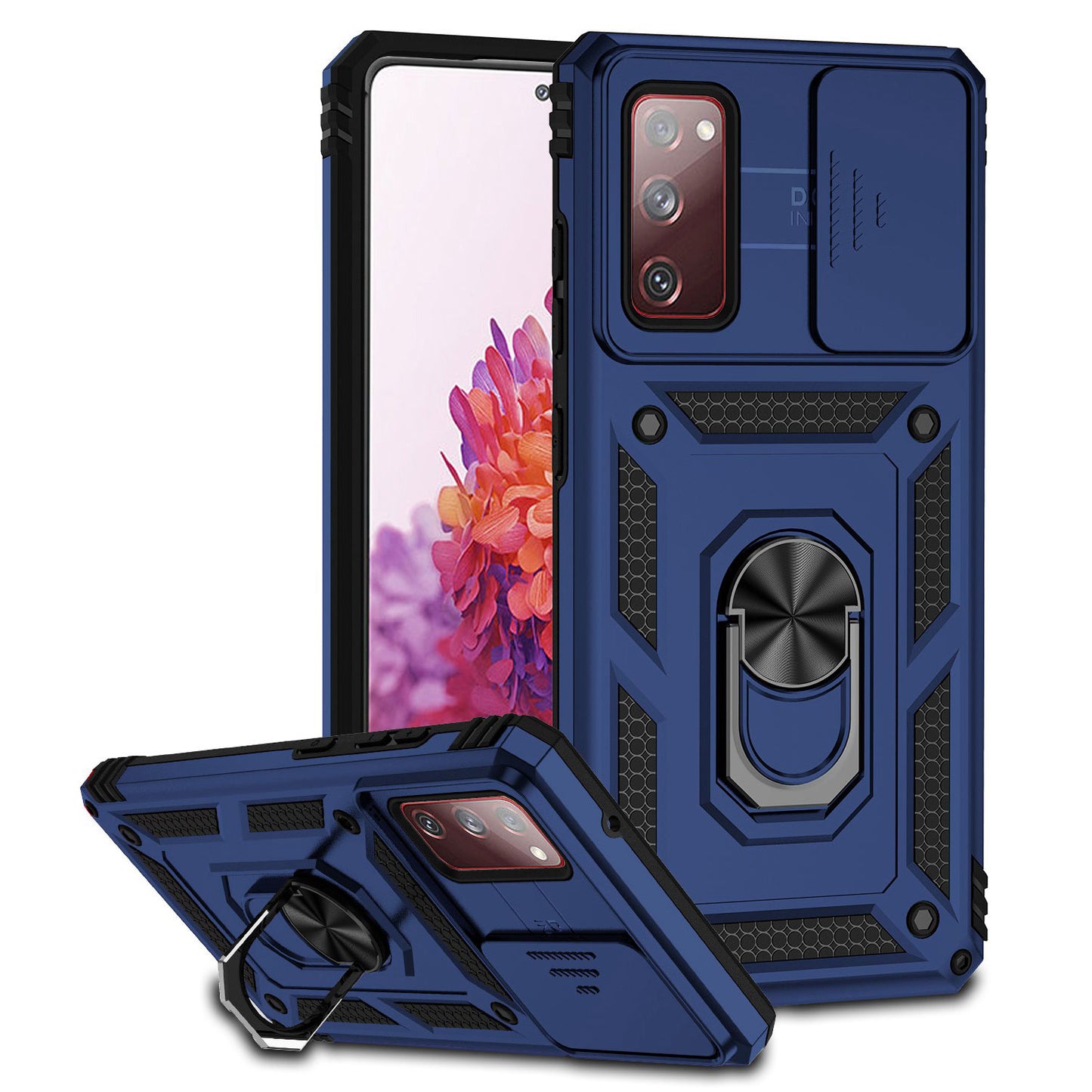 For Samsung Galaxy S20 FE 2022/S20 FE 4G/FE 5G/S20 Lite Slide Camera Protector PC + TPU Case Drop-resistant Kickstand Phone Shell - Blue