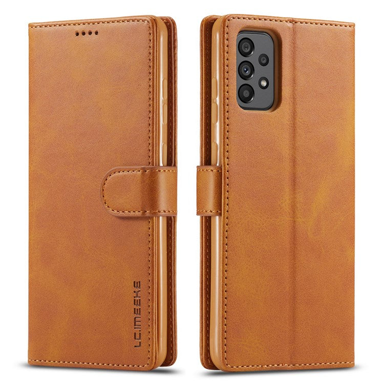 LC.IMEEKE for Samsung Galaxy A73 5G Textured PU Leather Wallet Flip Cover Magnetic Closure Stand Folio Phone Case - Brown