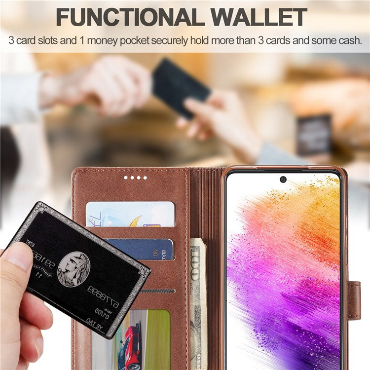 LC.IMEEKE for Samsung Galaxy A73 5G Textured PU Leather Wallet Flip Cover Magnetic Closure Stand Folio Phone Case - Brown