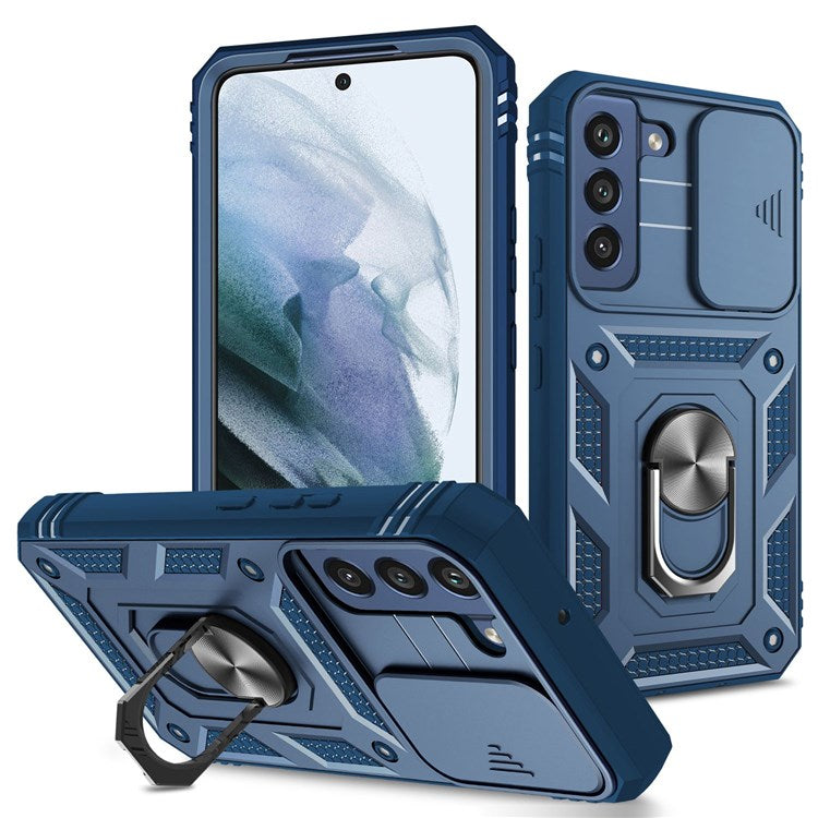 For Samsung Galaxy S22 5G Case Ring Kickstand Anti-Scratch Hard PC + TPU Bumper Shockproof Protective Cover with Sliding Camera Lens Protector - Sapphire/Sapphire