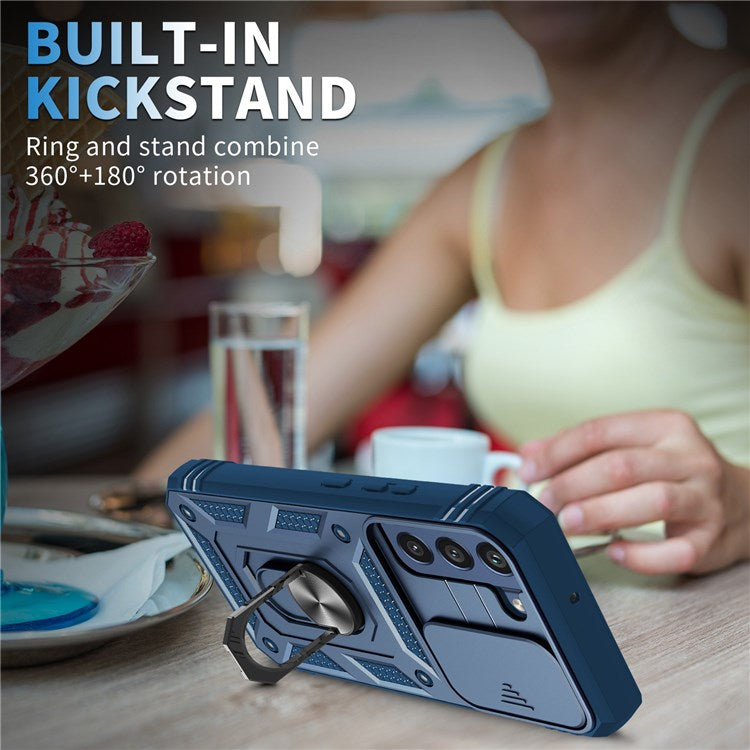 For Samsung Galaxy S22 5G Case Ring Kickstand Anti-Scratch Hard PC + TPU Bumper Shockproof Protective Cover with Sliding Camera Lens Protector - Sapphire/Sapphire