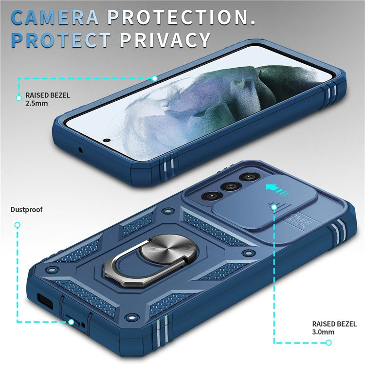 For Samsung Galaxy S22 5G Case Ring Kickstand Anti-Scratch Hard PC + TPU Bumper Shockproof Protective Cover with Sliding Camera Lens Protector - Sapphire/Sapphire