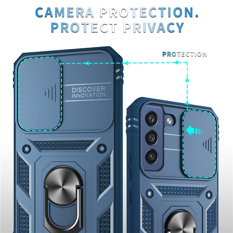 For Samsung Galaxy S22 5G Case Ring Kickstand Anti-Scratch Hard PC + TPU Bumper Shockproof Protective Cover with Sliding Camera Lens Protector - Sapphire/Sapphire